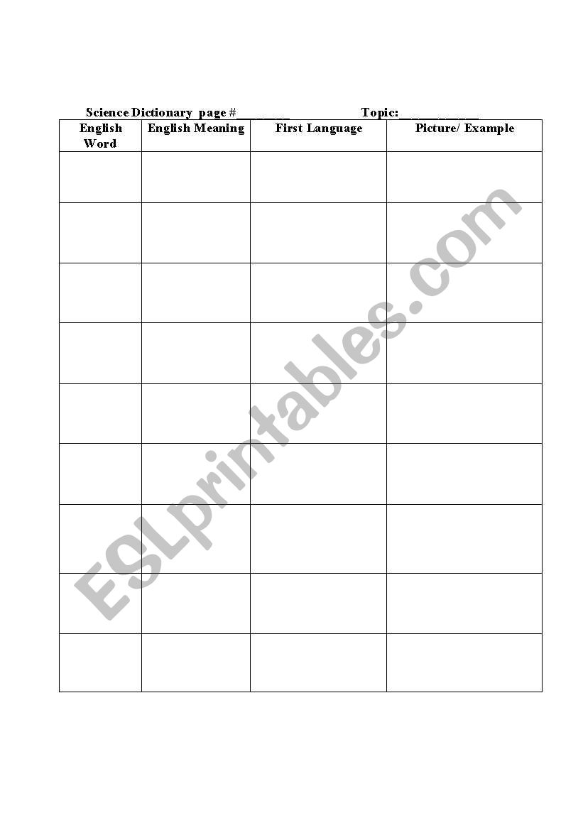 ESL Science Dictonary worksheet