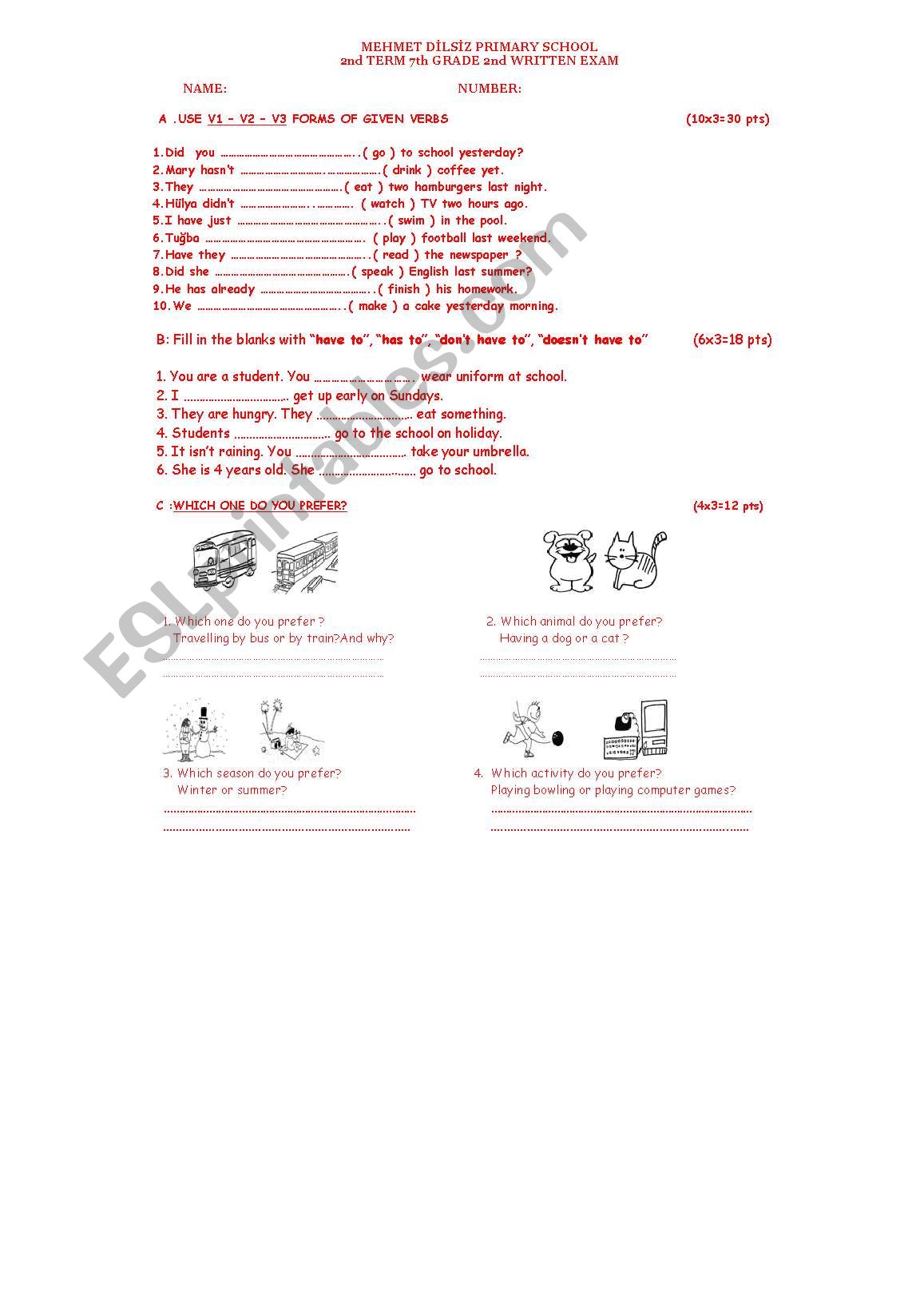 Turkish Government School 7th grade English Exam