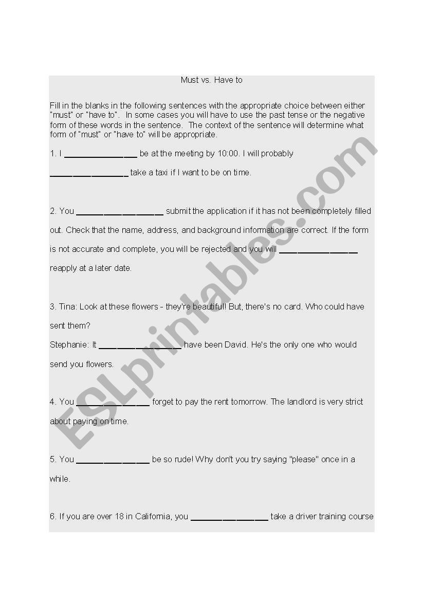 Modals Must vs Have to worksheet