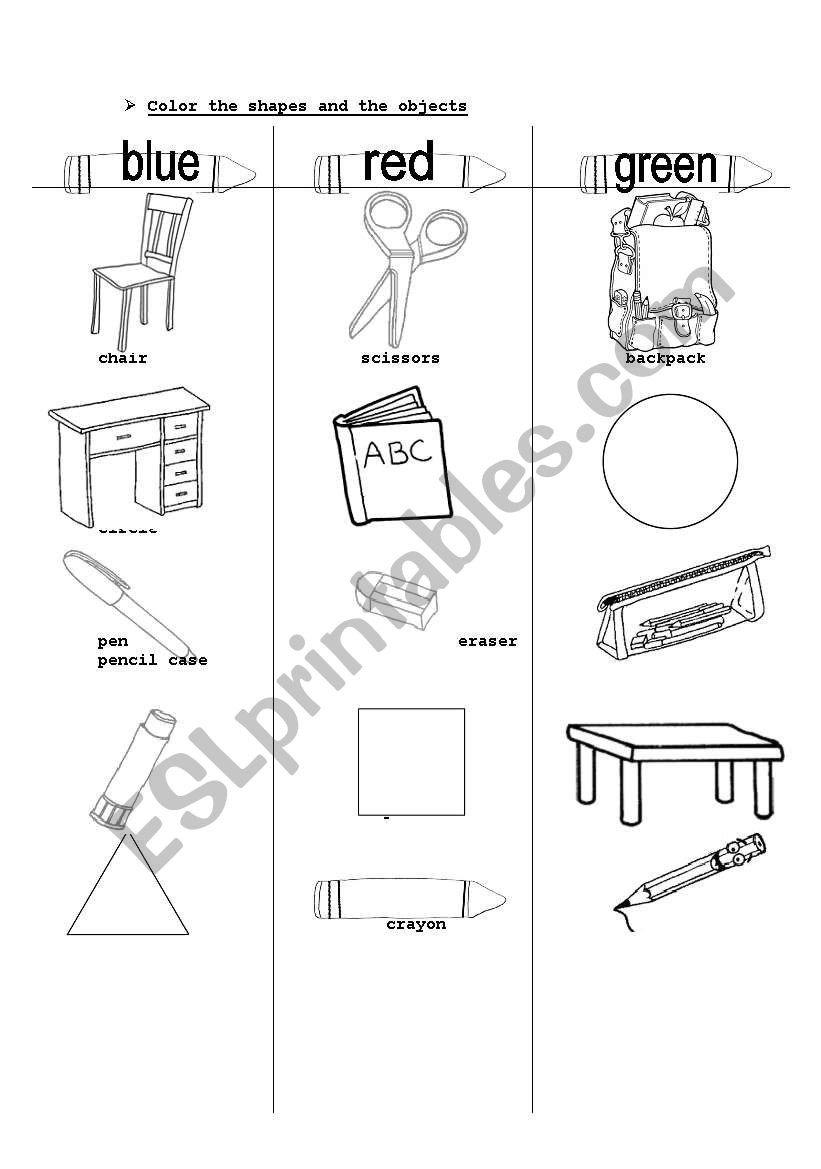 school objects worksheet