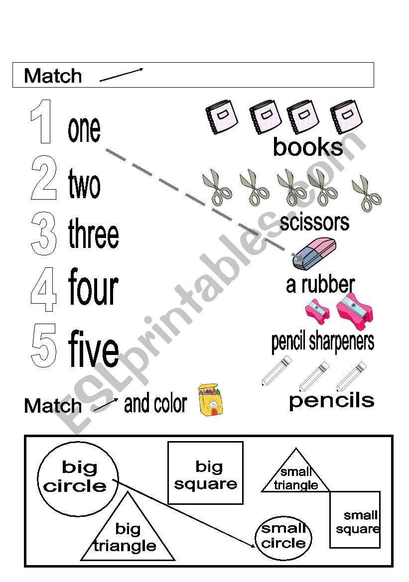 school objects,numbers,shapes worksheet