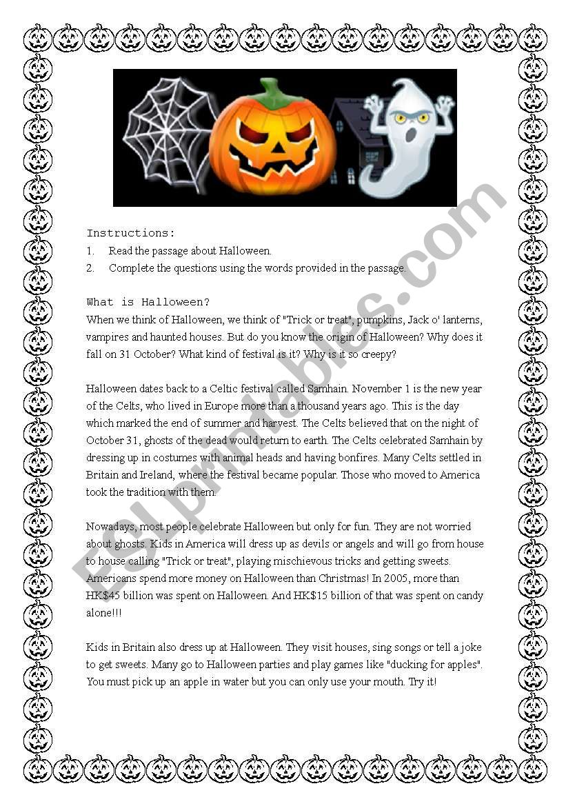 Reading comprehension on Halloween - ESL worksheet by mj_ay2002