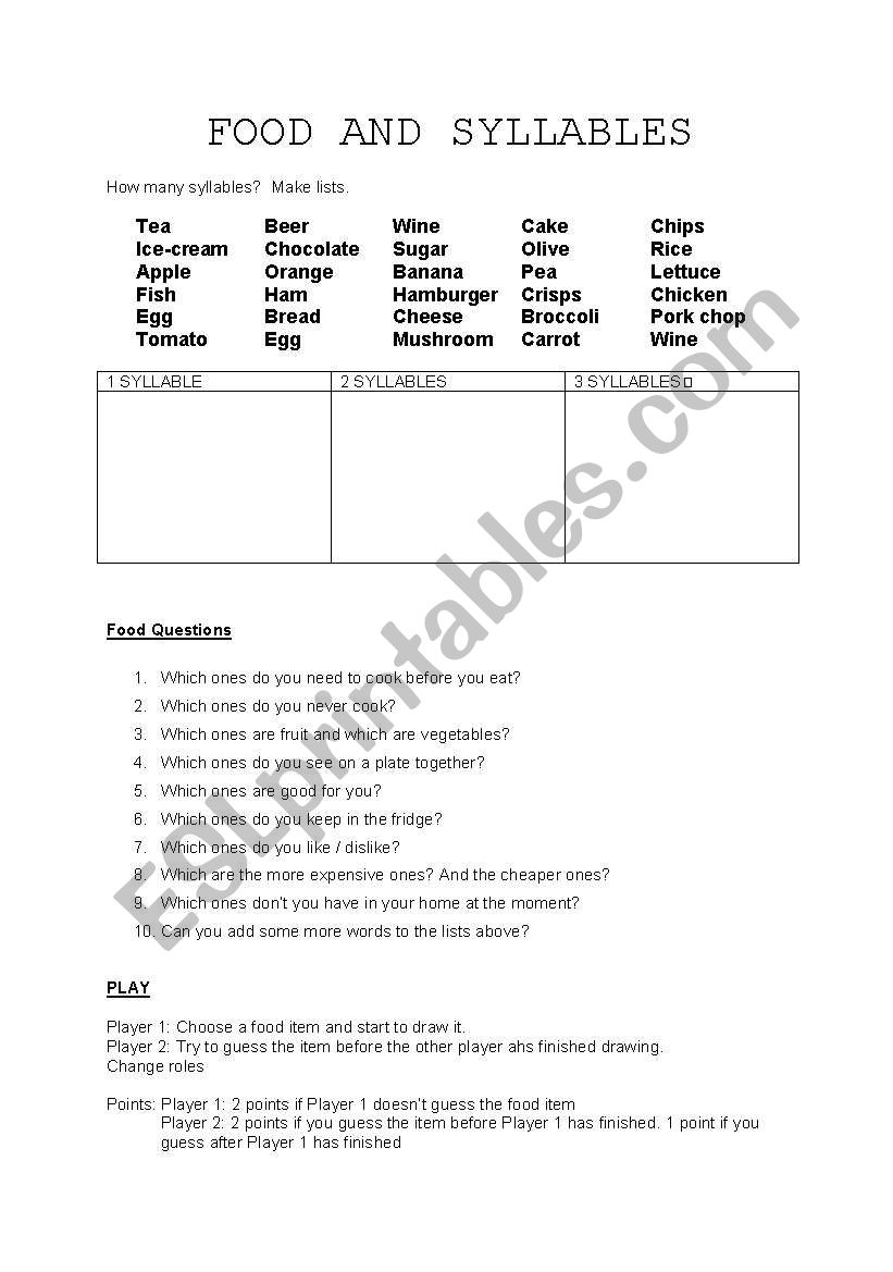 Food: Syllables & Questions worksheet