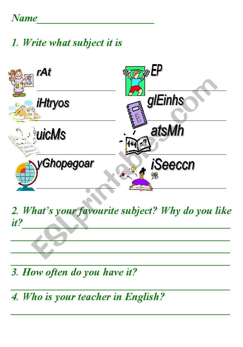 School subjects worksheet