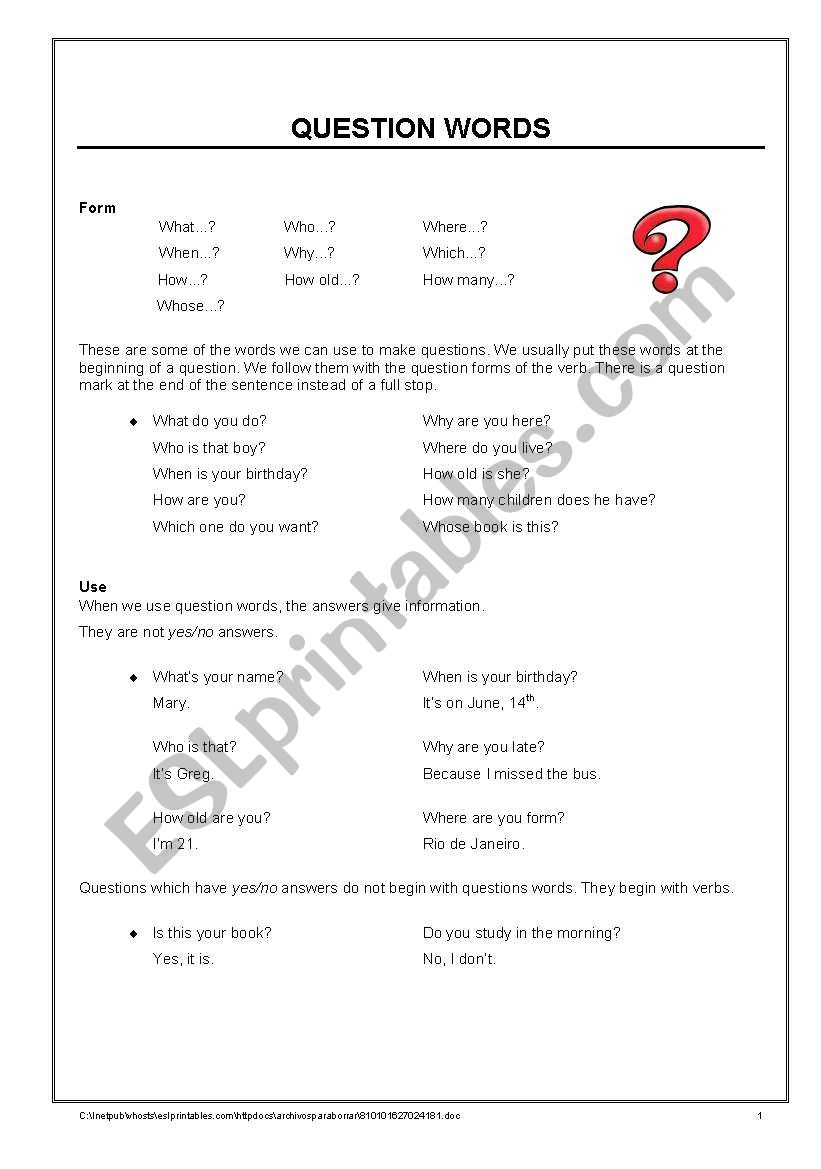 english worksheets question words