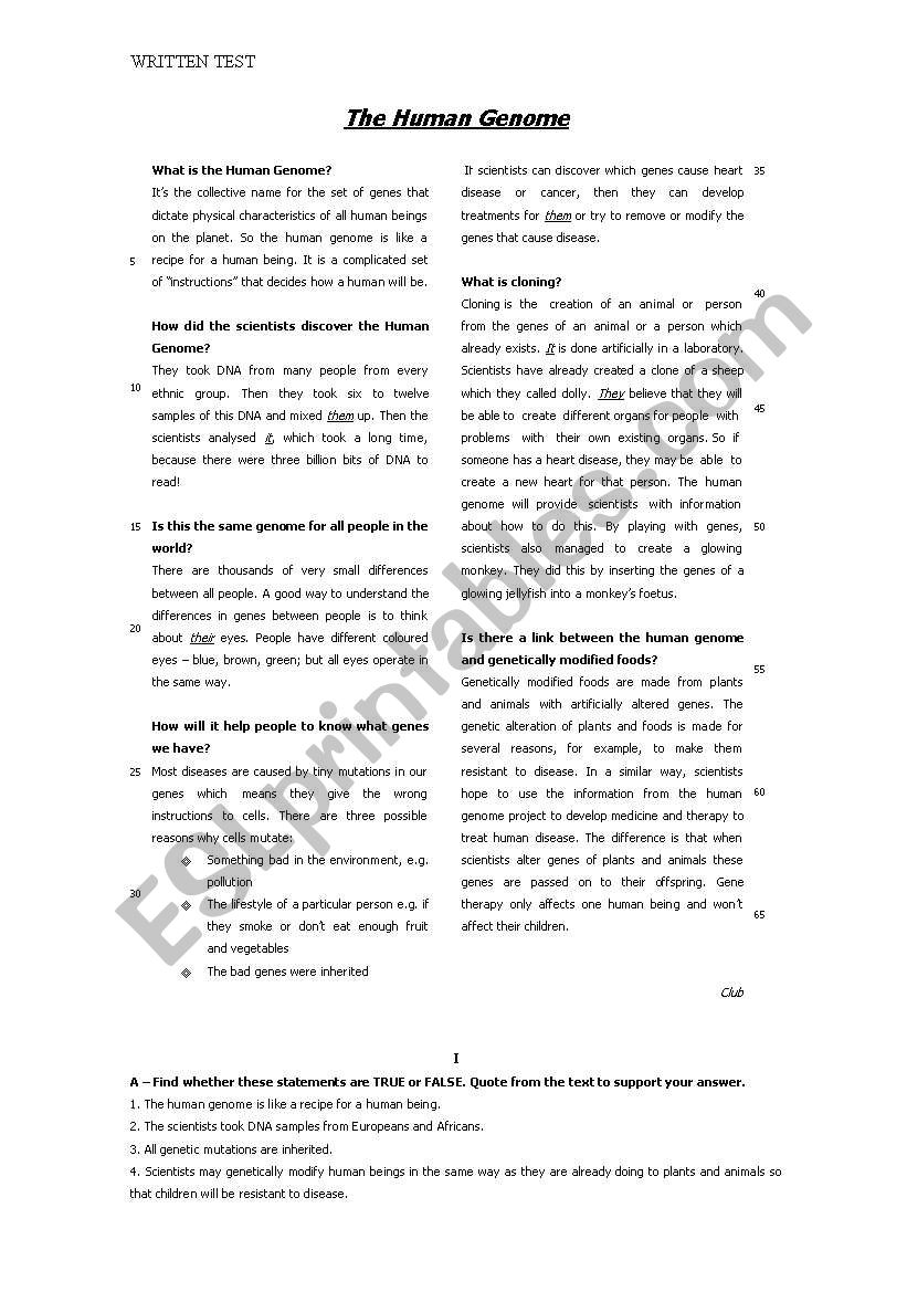 Human Genome - written test worksheet