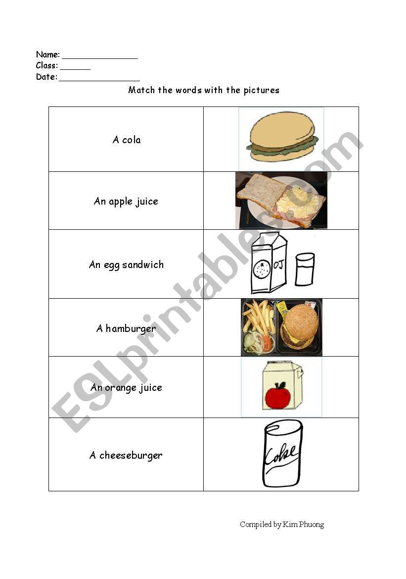 Matching Fast Food worksheet