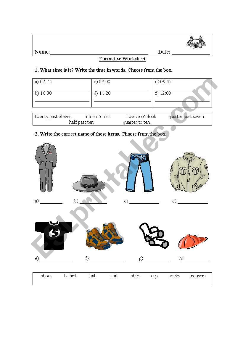 Time, clothes worksheet