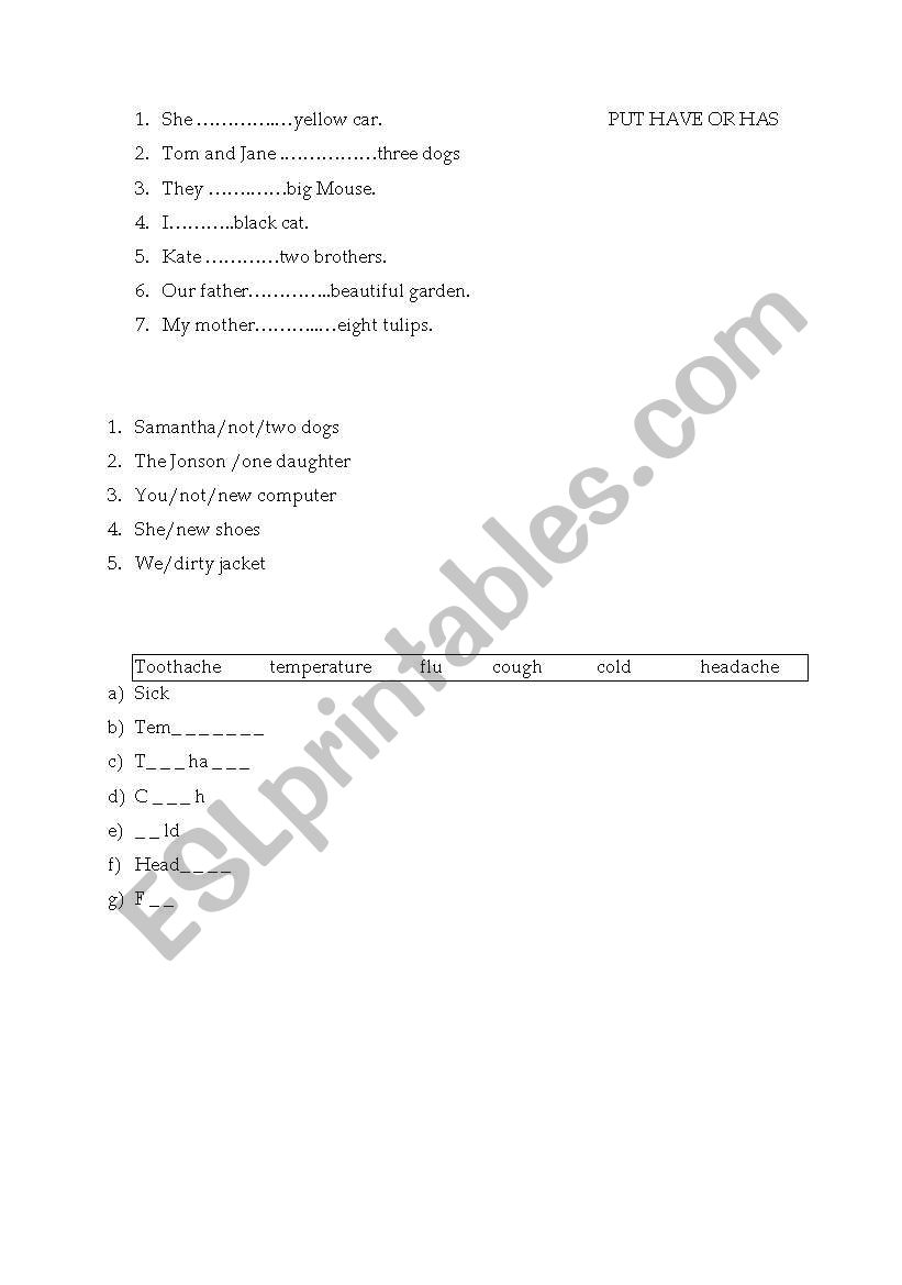 HAVE OR HAS GOT worksheet