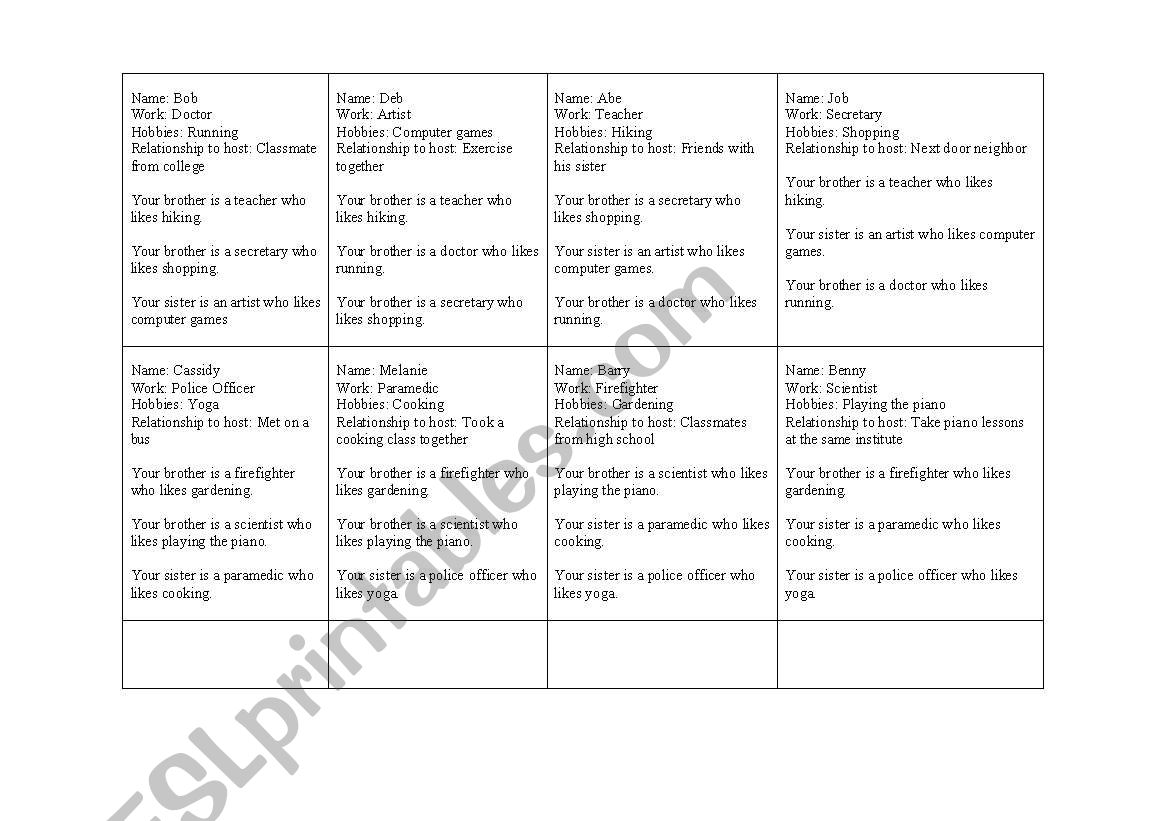 Long Lost Family Cards worksheet