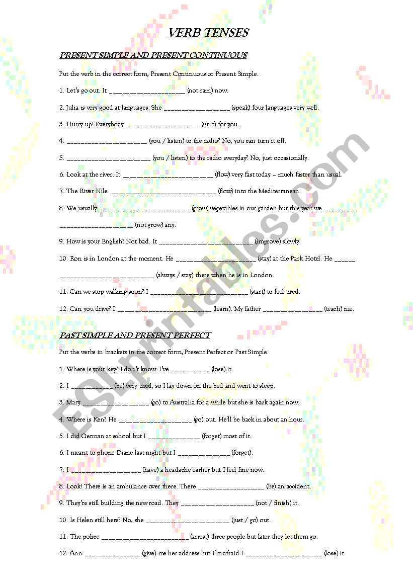 Verb tenses review - part 2 worksheet