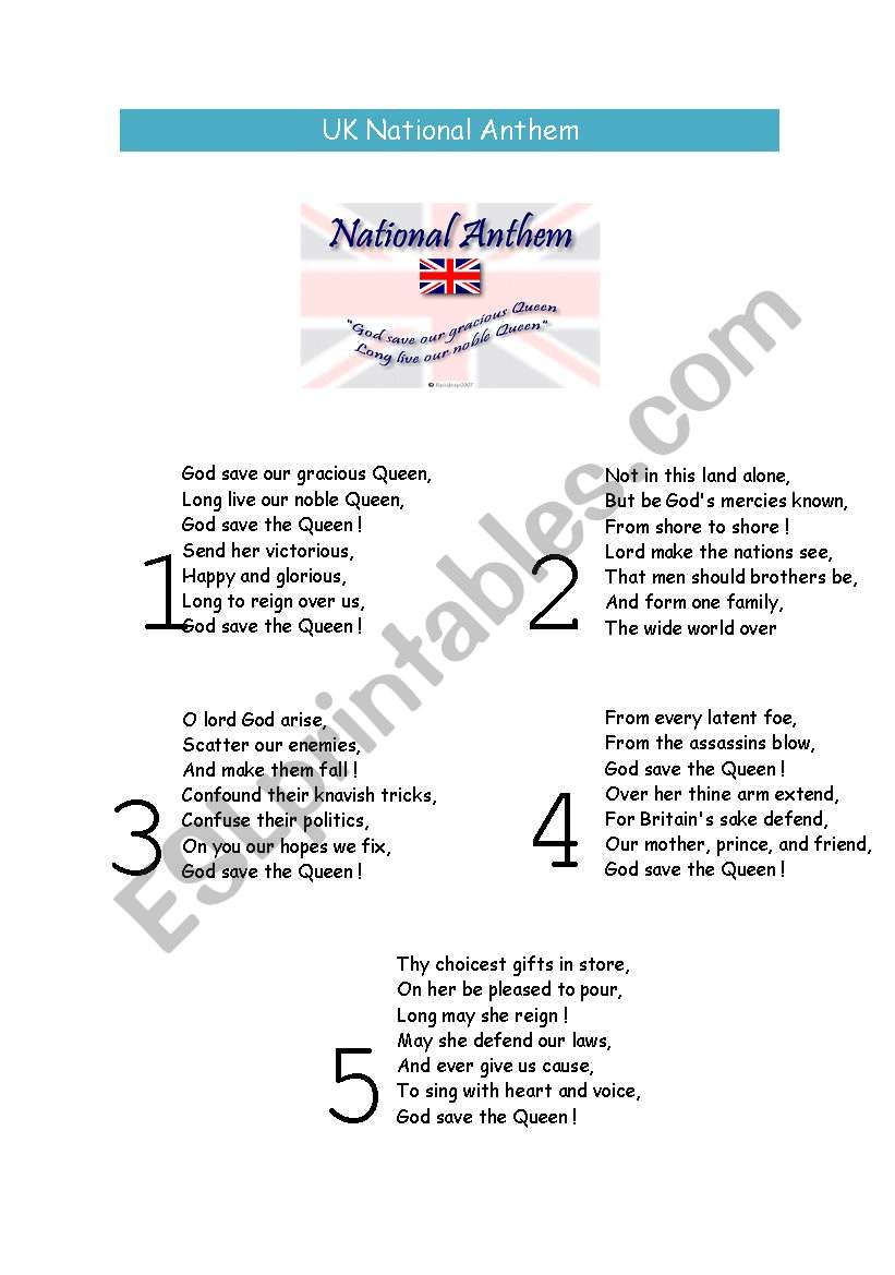 Uk national anthem worksheet