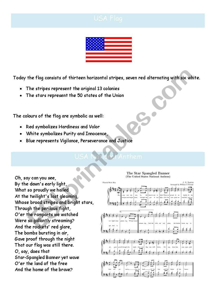 USA flag and national anthem worksheet