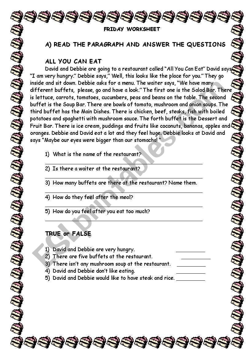 food resaurant worksheet