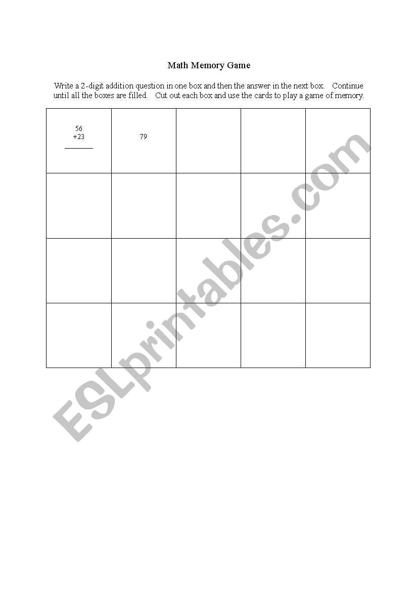 Math Memory Game worksheet