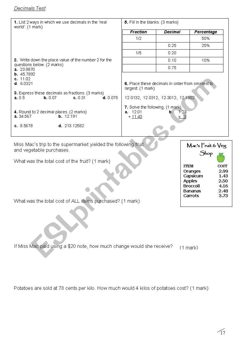 Fractions and Decimals Test worksheet