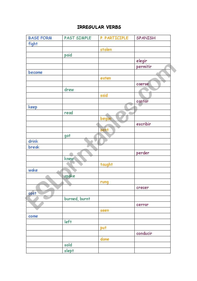 Irregular Verbs Test ESL Worksheet By Peiolei