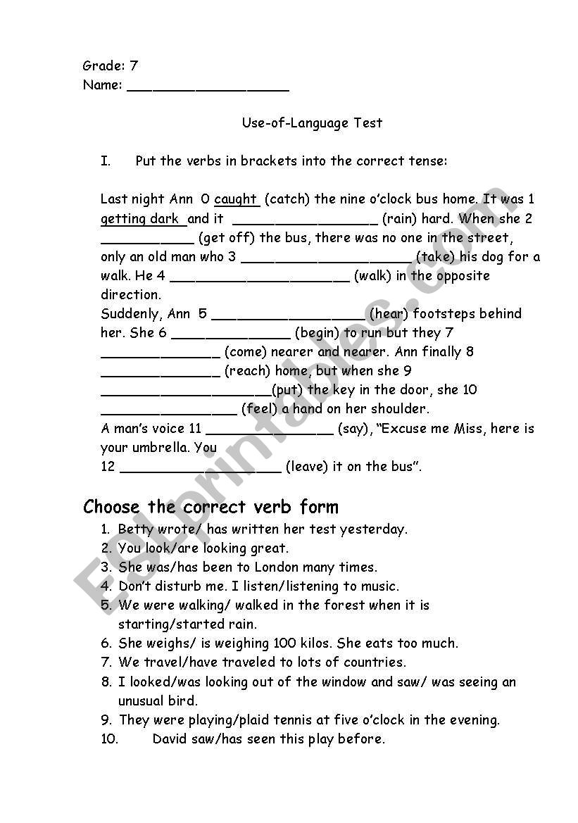 Use-of-Language Test worksheet