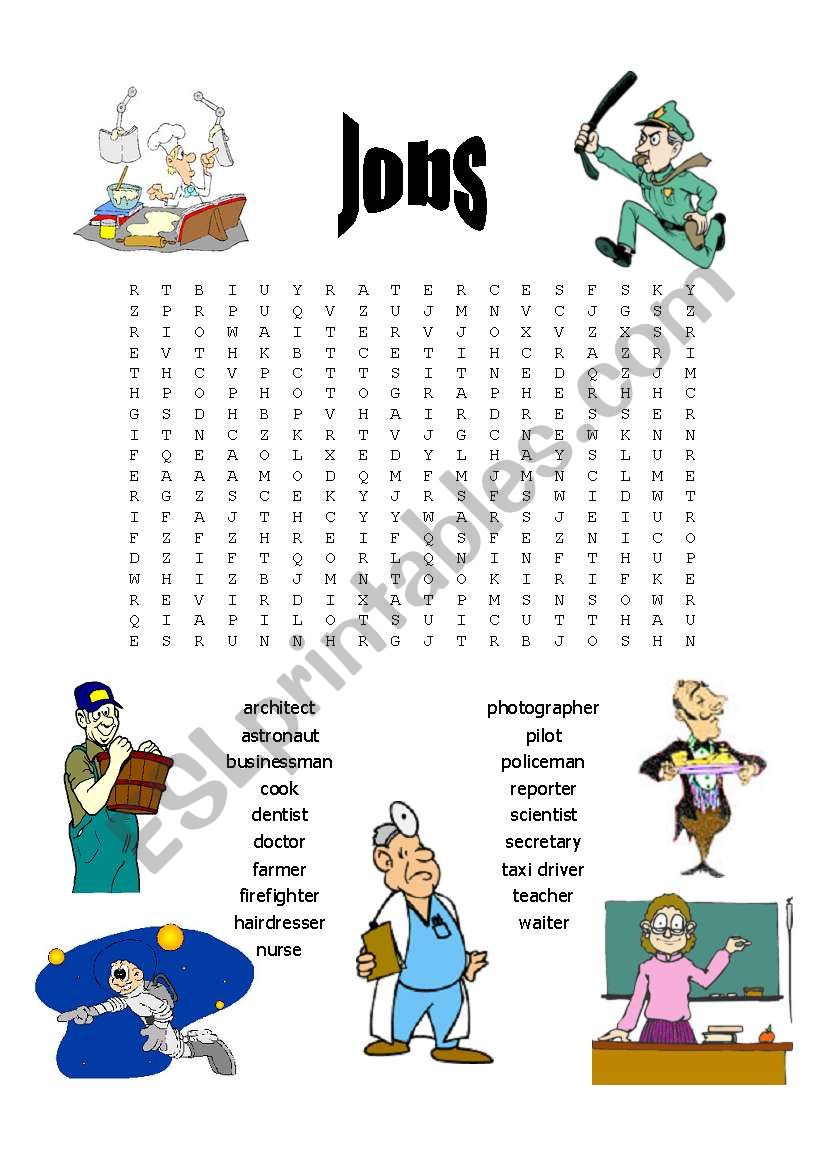 Jobs Wordsearch ESL Worksheet By Sarahlandrygan