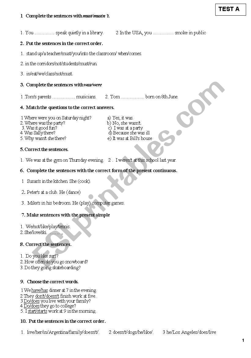 test worksheet