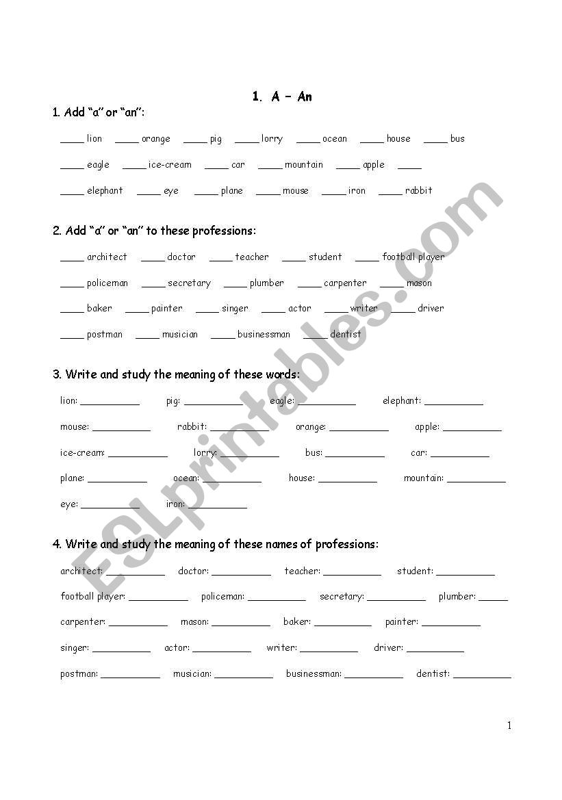 A/an articles, plural and personal pronouns exercises