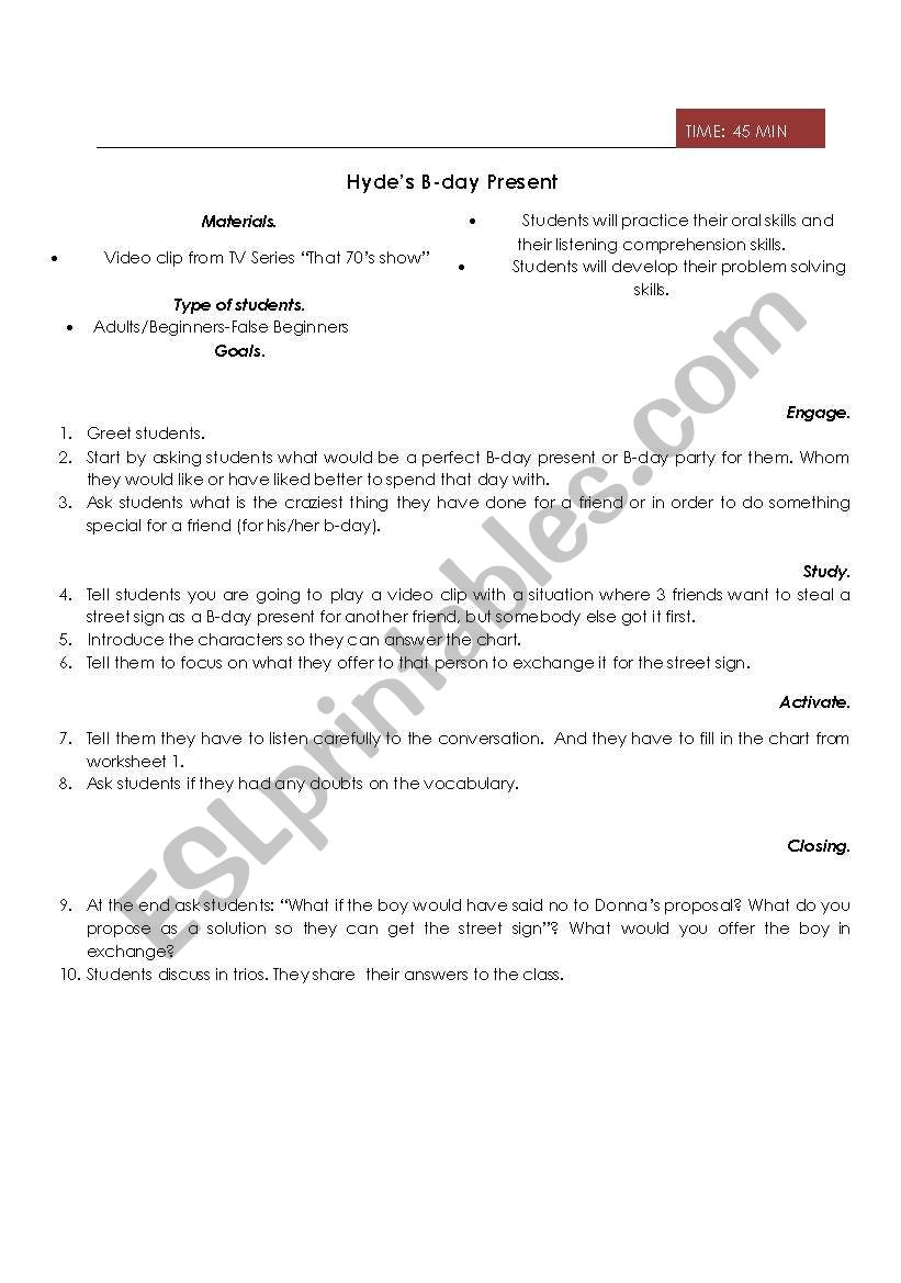 Hydes Birthday Present worksheet