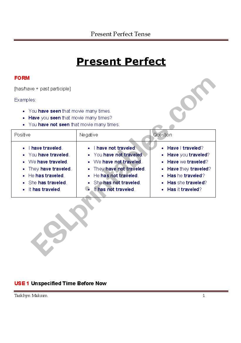 present perfect worksheet