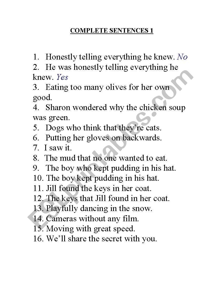 Complete sentences 1 worksheet