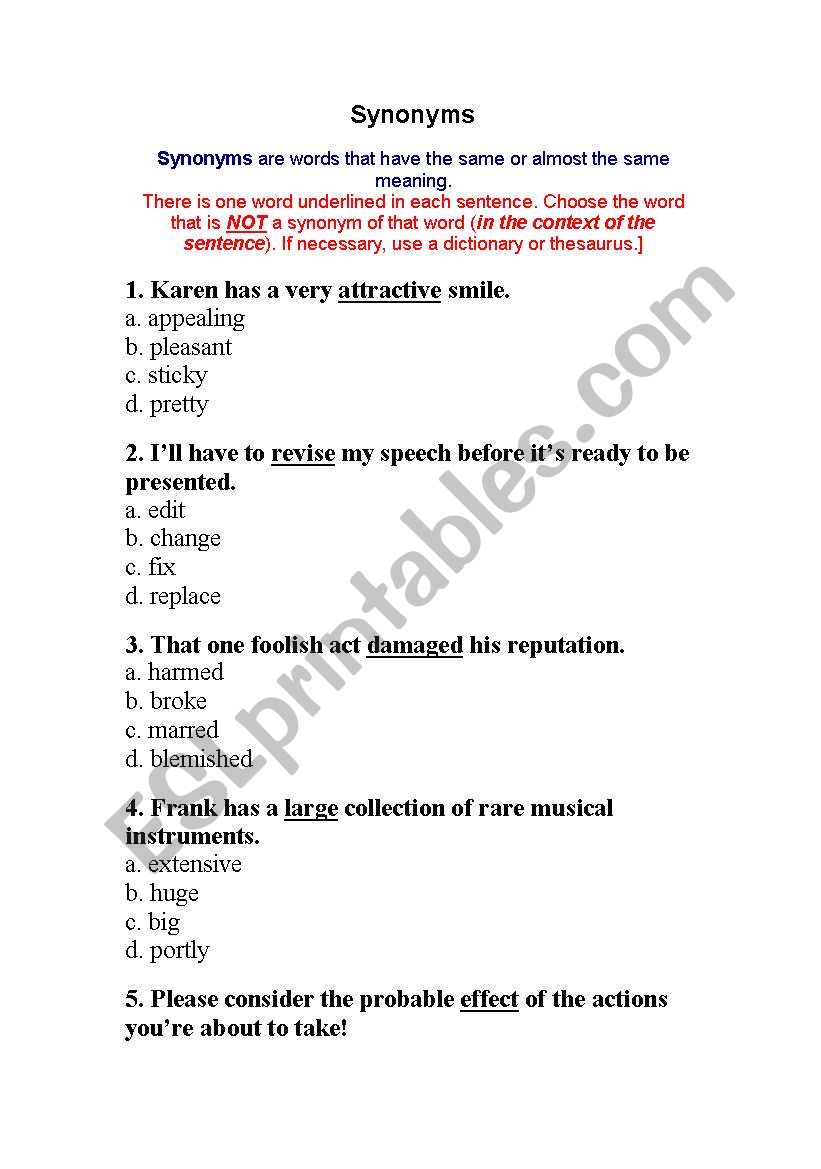 Synonyms worksheet