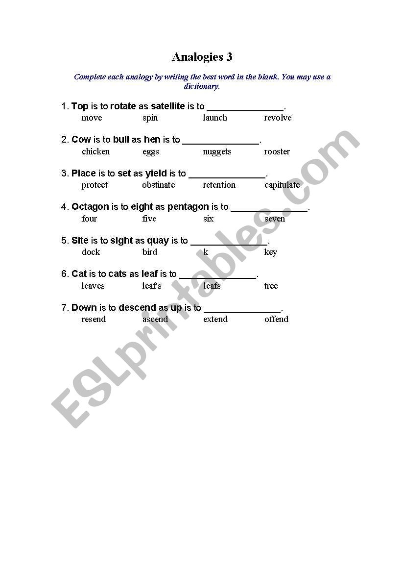 Analogies 3 worksheet