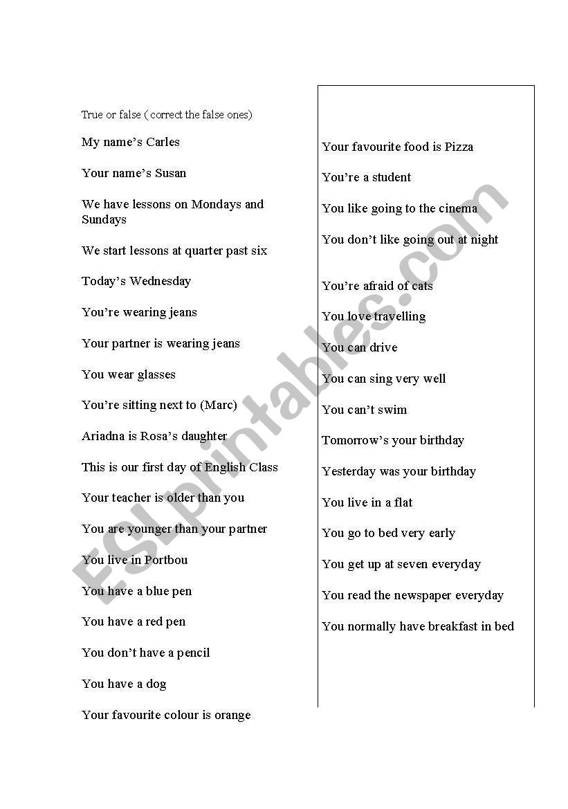 true false strater worksheet