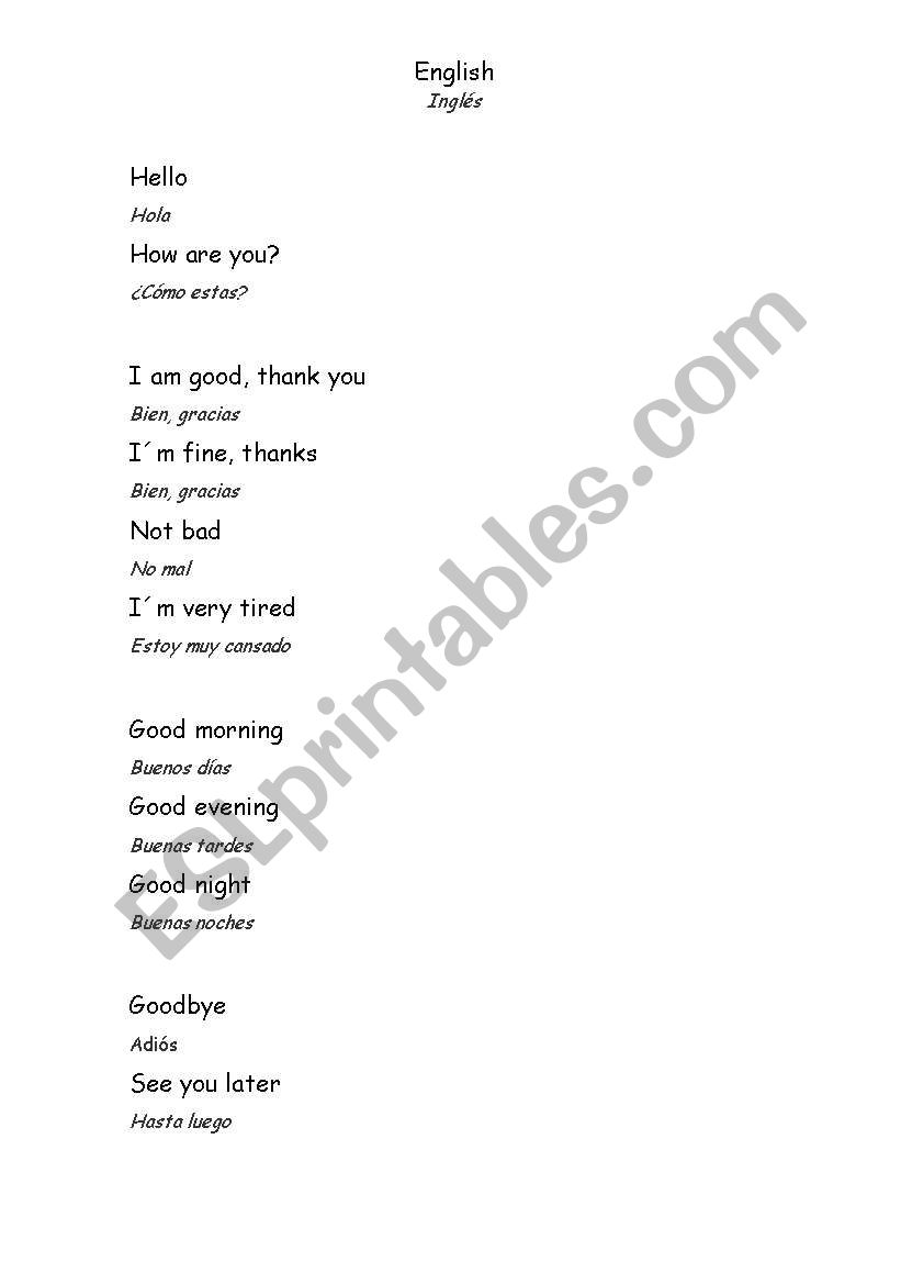 English Worksheets English Greetings For Spanish Speakers