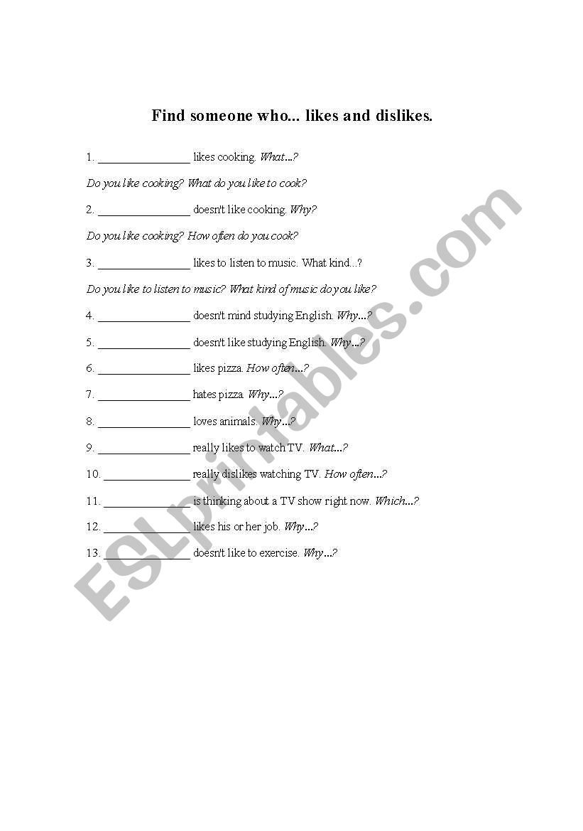 Likes and Dislikes worksheet