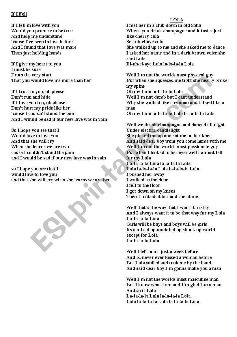 If I fell & Lola Songs worksheet