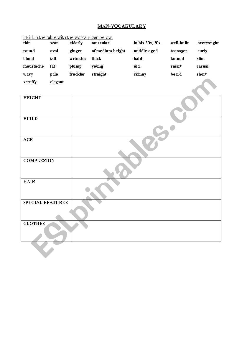 man-vocabulary worksheet