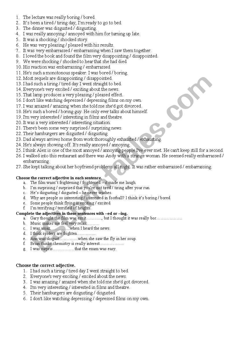 adjectives -ed -ing worksheet