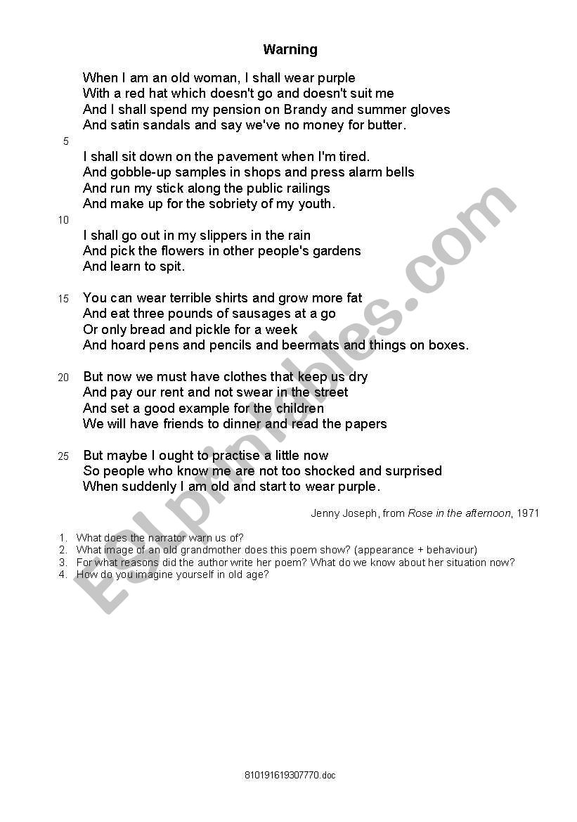 English worksheets: a poem ´warning´