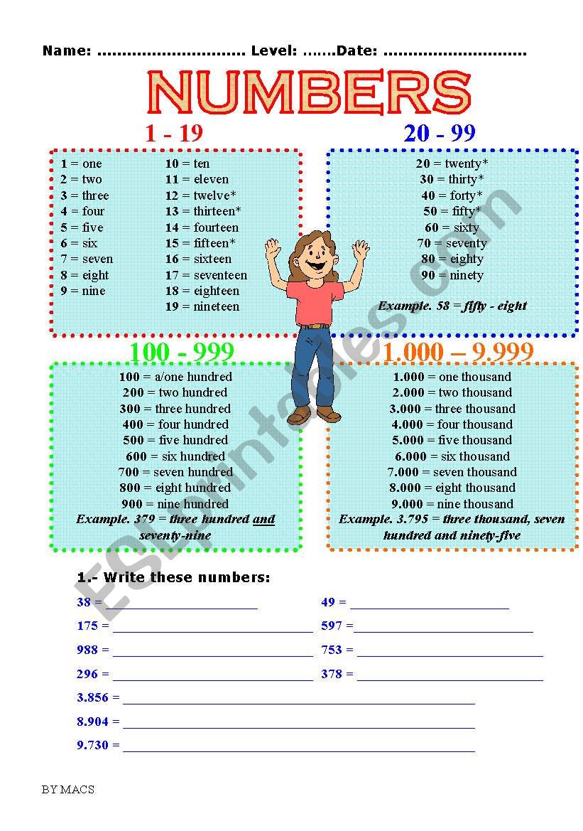 NUMBERS ESL Worksheet By Cabotewe