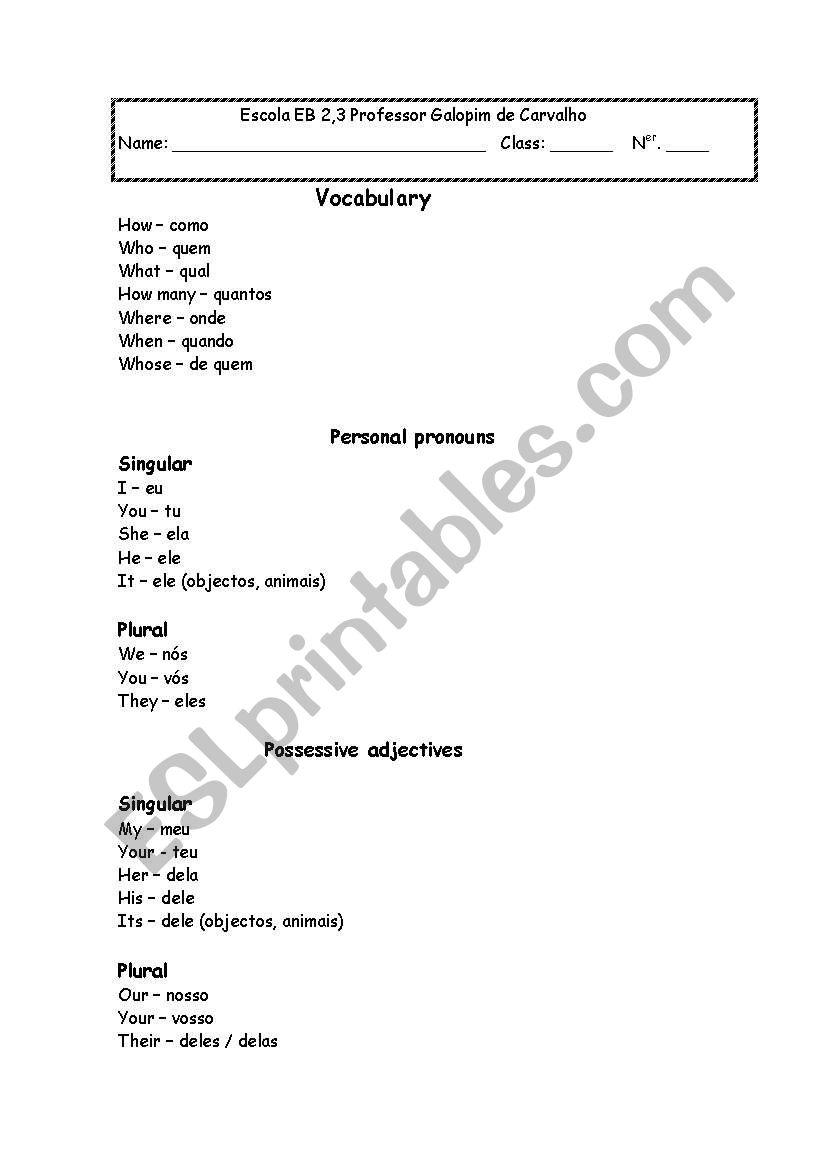 wh words, possessive adjectives and personnal pronouns