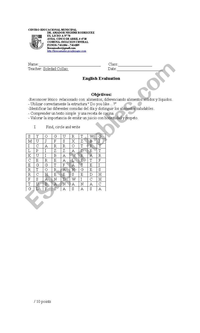 food and drink worksheet