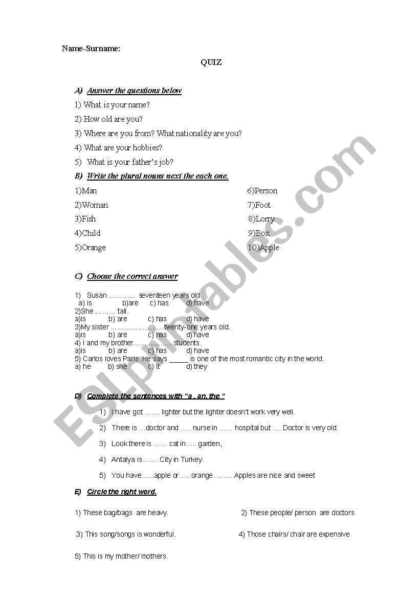 QUIZ worksheet