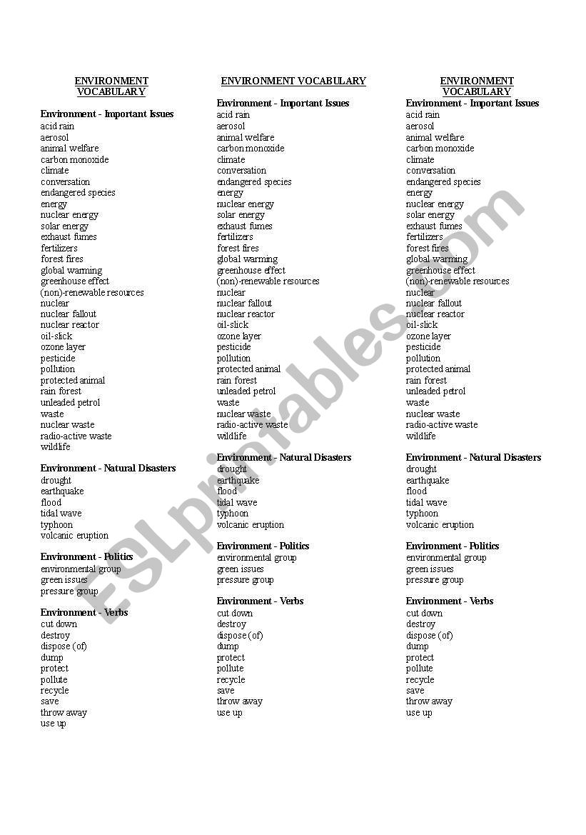 Environment vocabulary worksheet