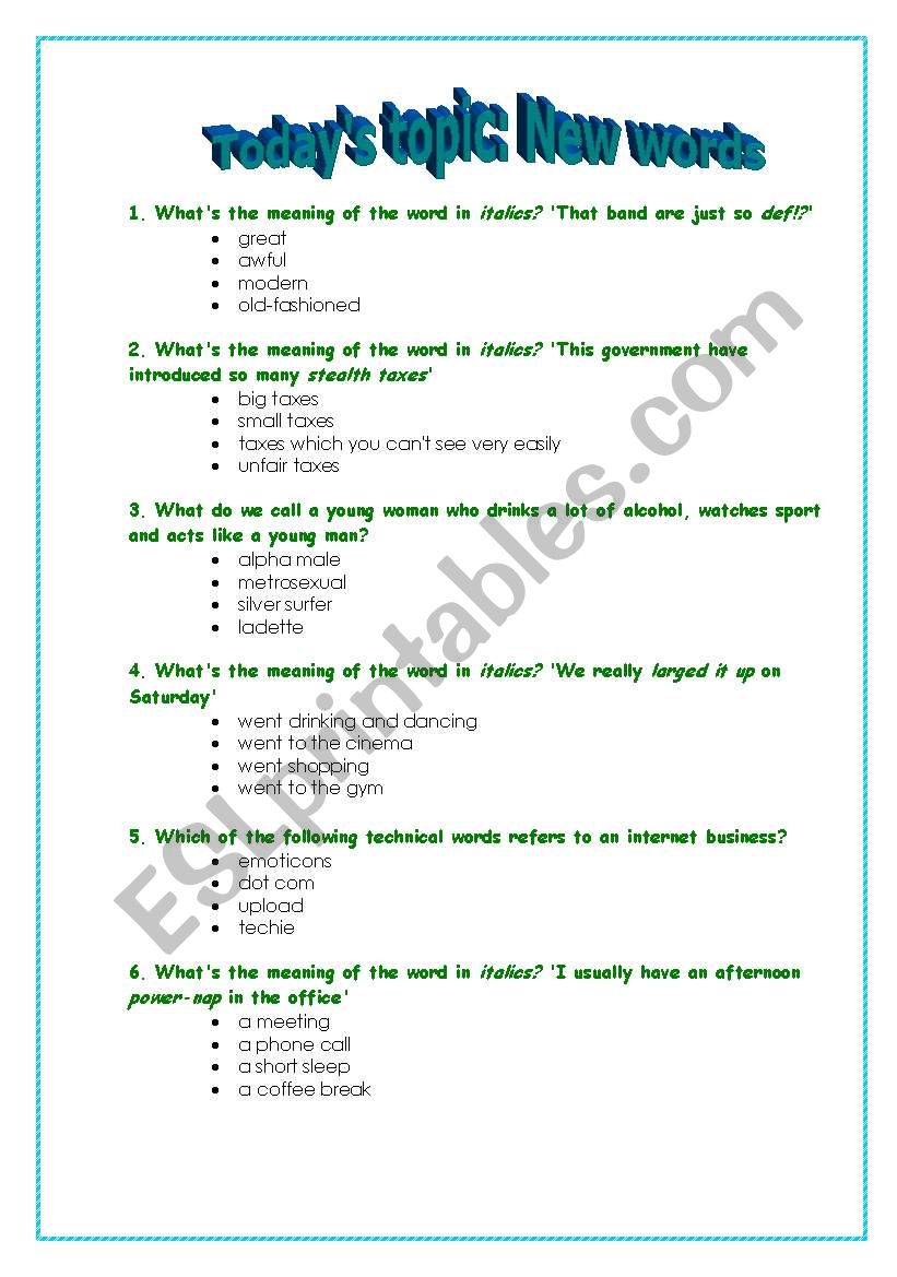 New Words worksheet