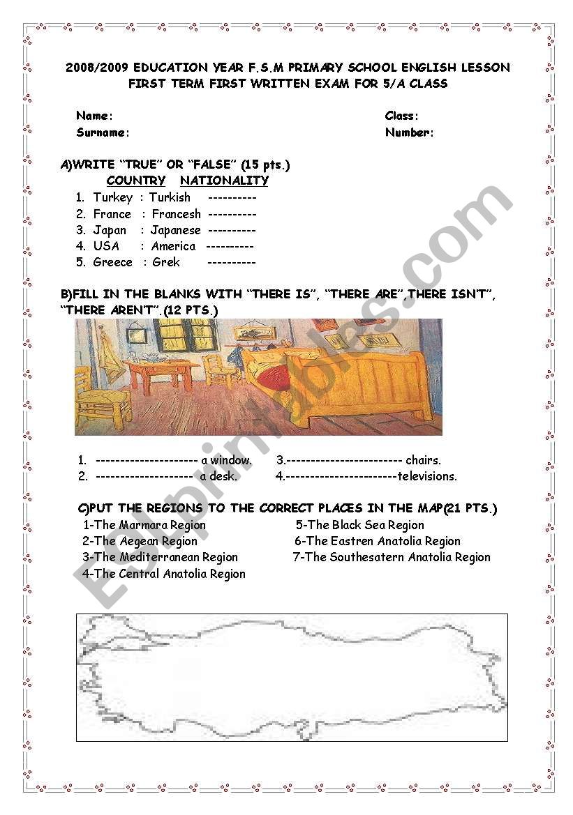 exam for 5th grades worksheet