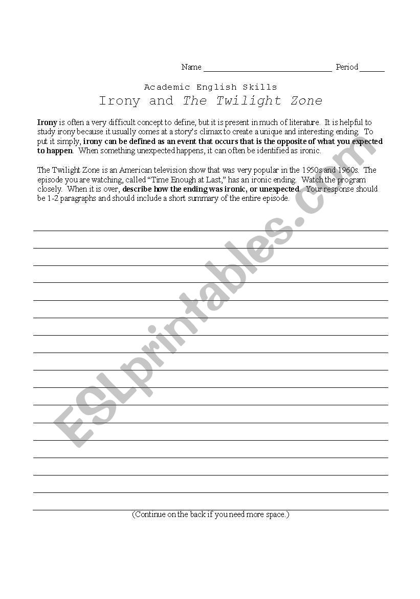 Irony and The Twilight Zone worksheet