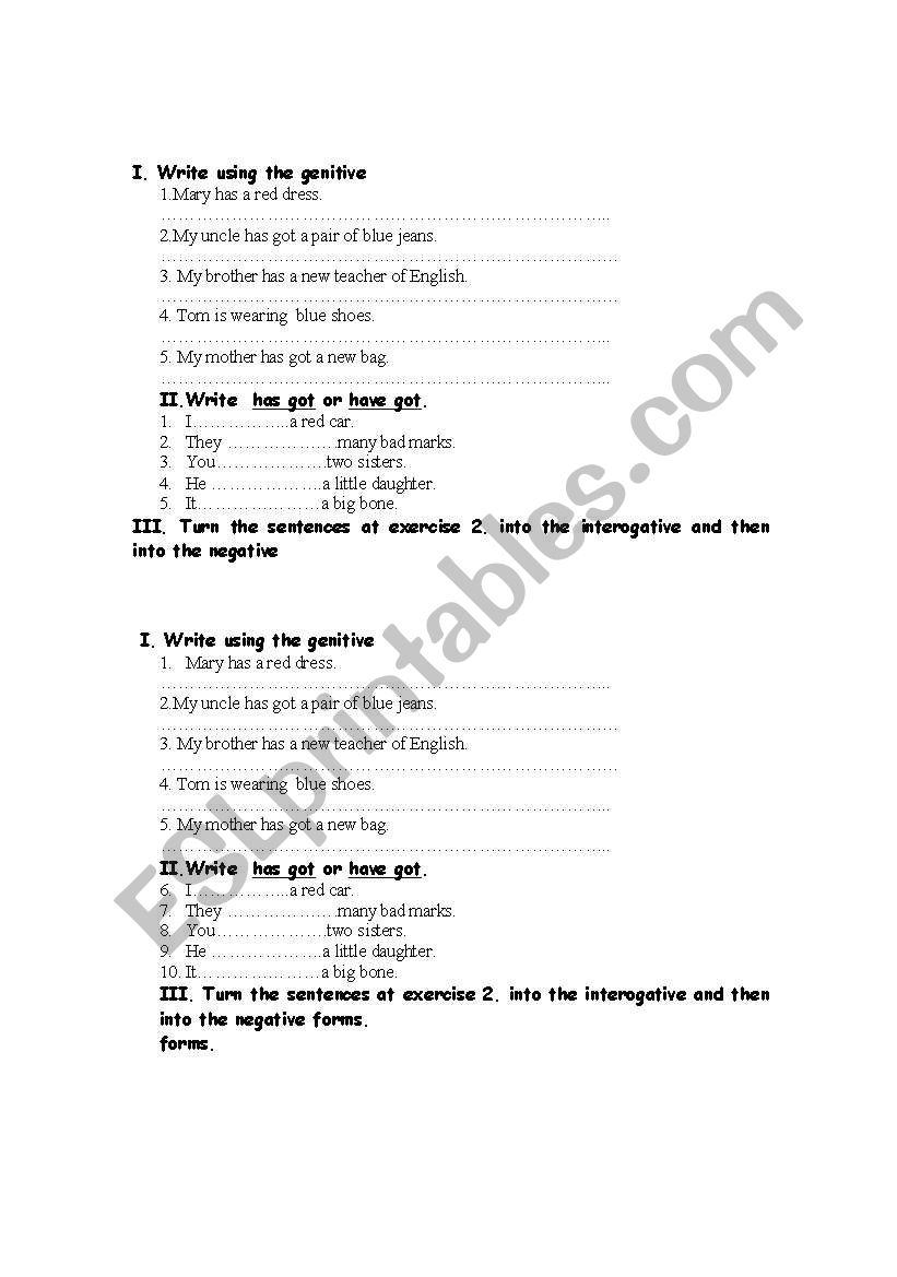 genitive,  has got/ have got worksheet