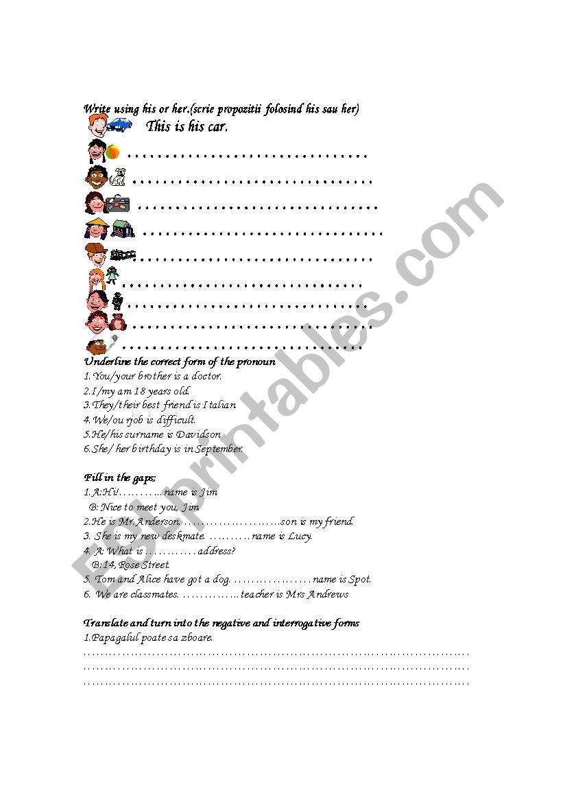 possessives, descriptions worksheet