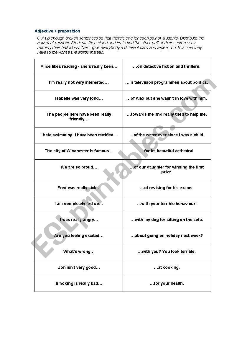 Adjective and Prepositions worksheet