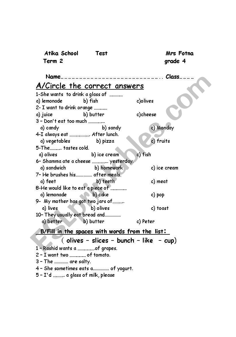 vocabulary test worksheet