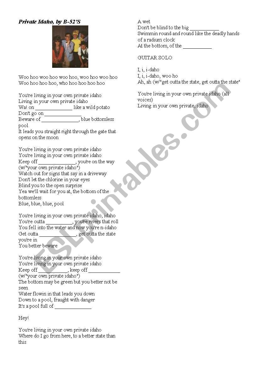 English Worksheets: Private Idaho, By B-52´S